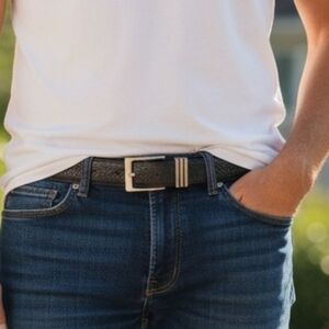 Black Textured Leather Belt with Brushed Silver Buckle